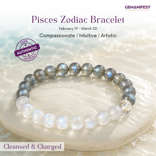 Pisces zodiac bracelet with moonstone and labradorite beads on a beige background