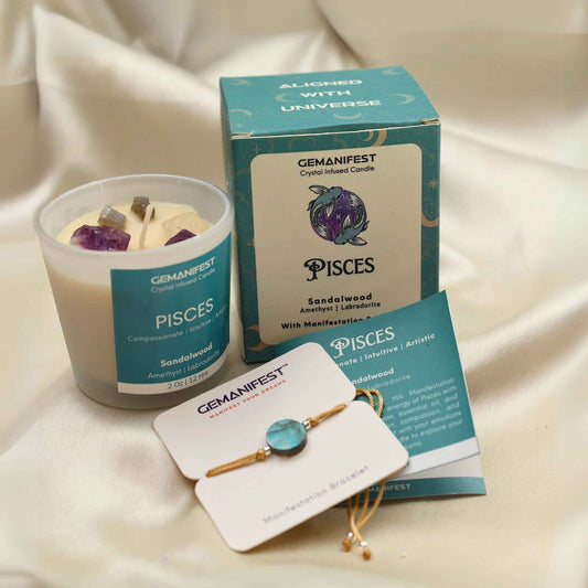 GEMANIFEST Pisces candle with zodiac symbols on a dark blue background