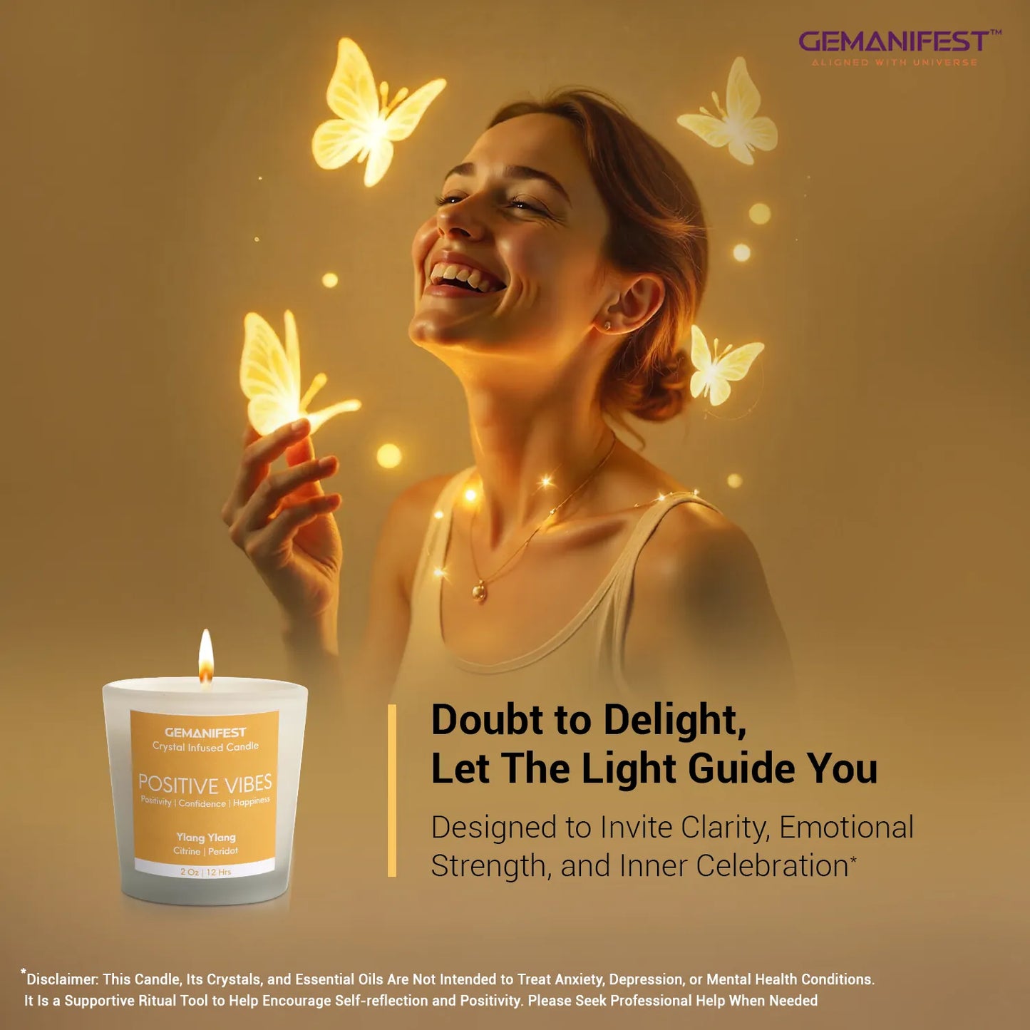 Positive Vibes crystal candle glowing with butterflies symbolizing joy and clarity.