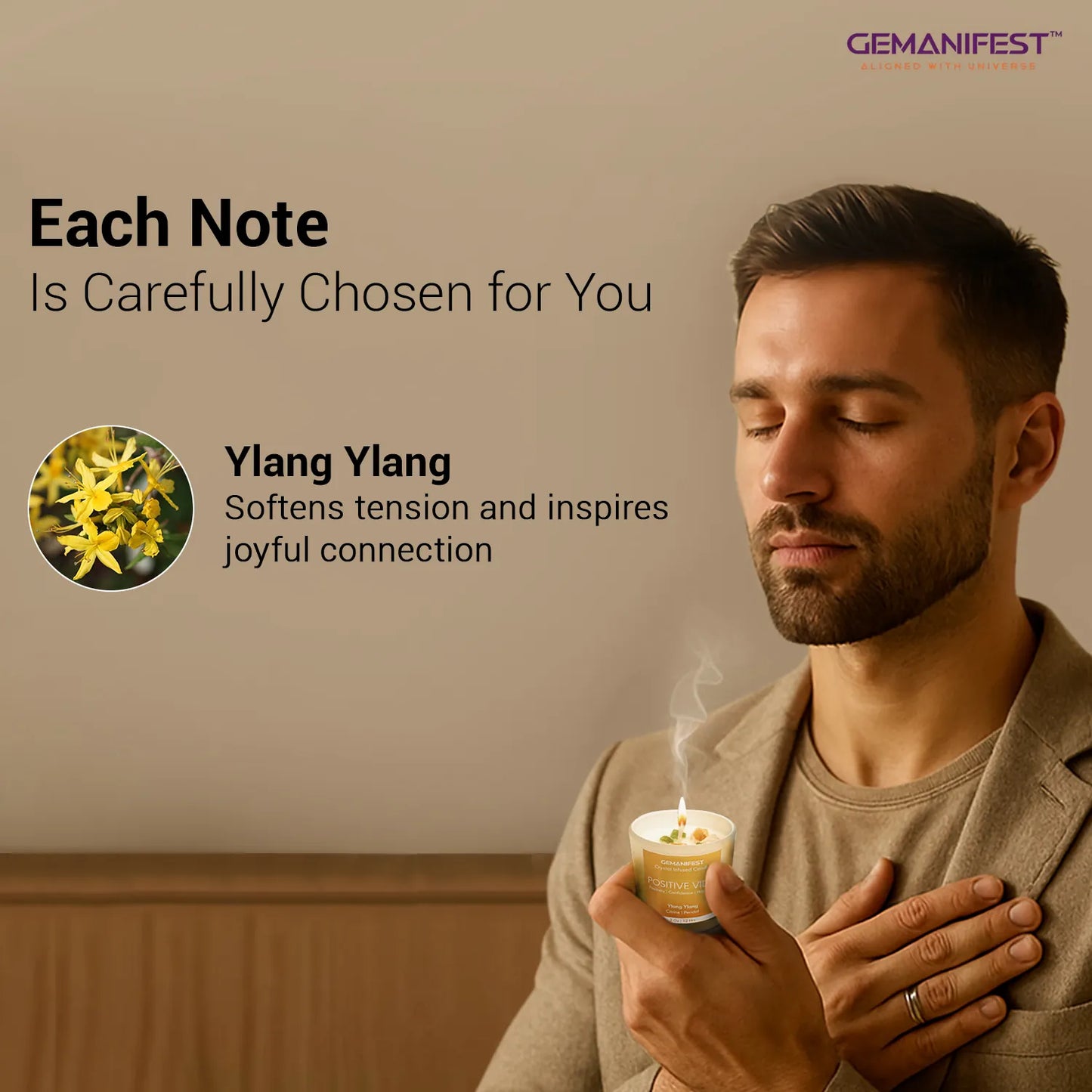 Man holding Positive Vibes candle with Ylang Ylang fragrance note.