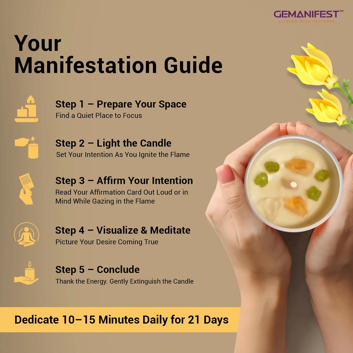 Step-by-step manifestation guide for using Positive Vibes crystal candle.