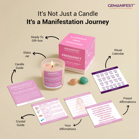 Pregnancy crystal infused candle with packaging box, Rose Quartz and Aquamarine crystals.