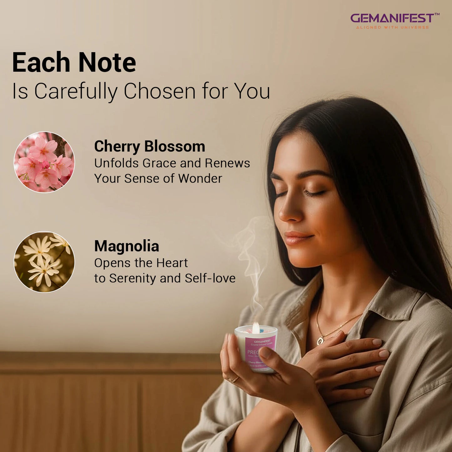 Woman holding Pregnancy candle with Cherry Blossom and Magnolia notes.