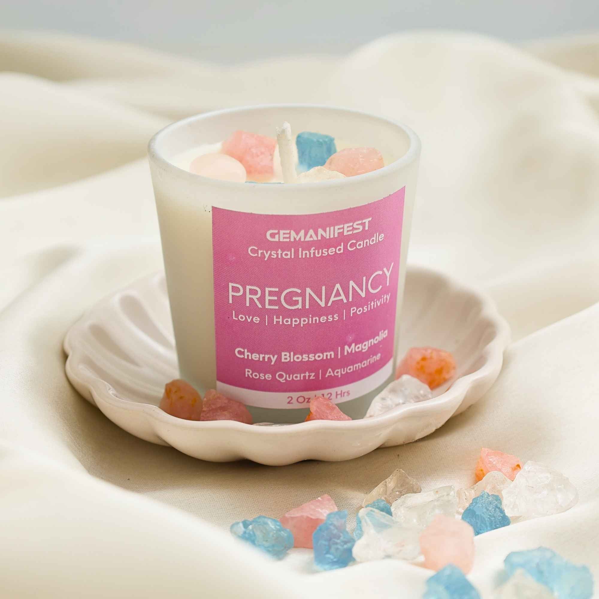 Pregnancy Manifestation Candle with Aquamarine & Rose Quartz Crystals for Love & Protection.