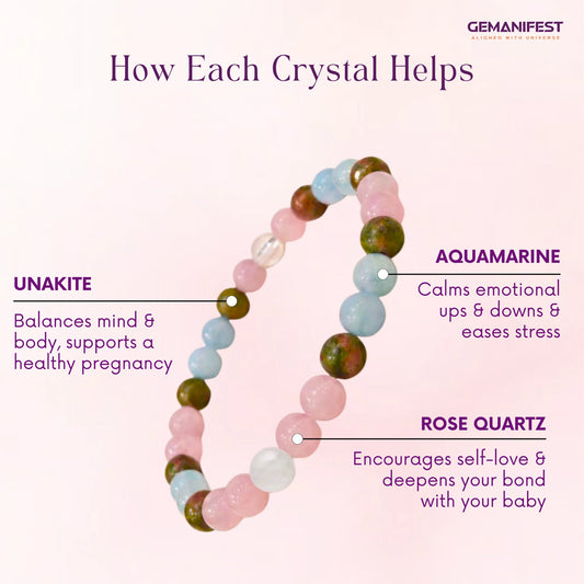 Colorful beaded pregnancy bracelet on a satin background with promotional text.