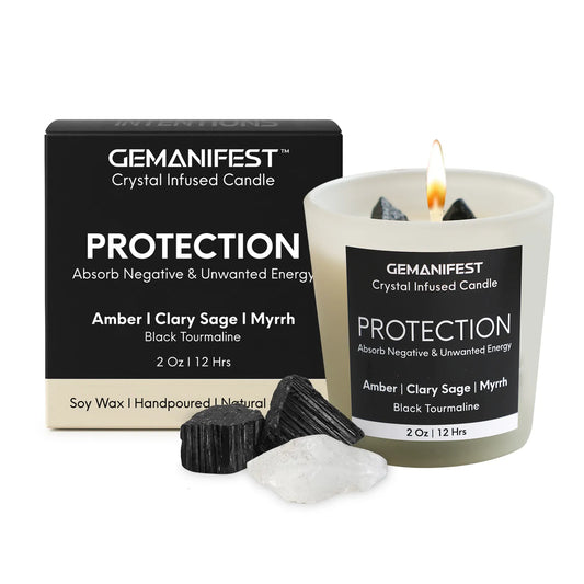 Protection crystal infused candle with packaging box and Black Tourmaline, Clear Quartz crystals.