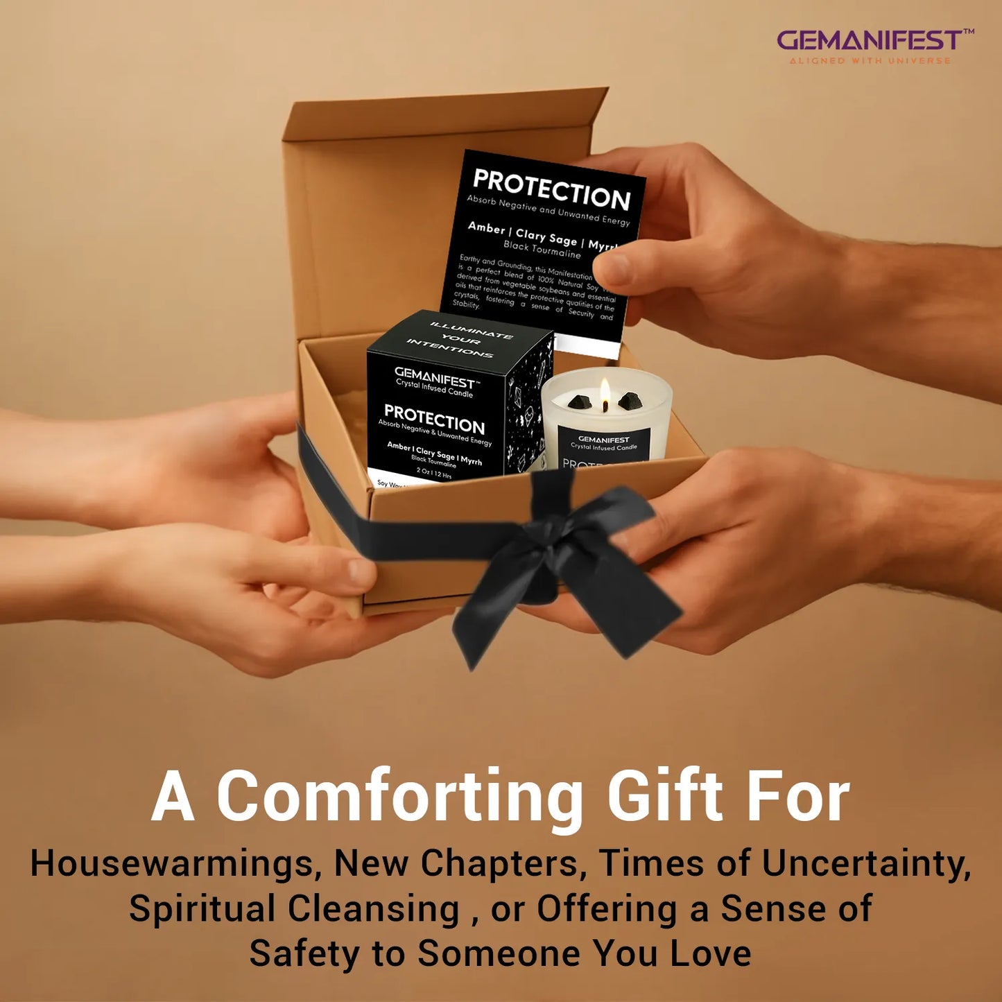 Protection candle gift box with affirmation card being exchanged as present.