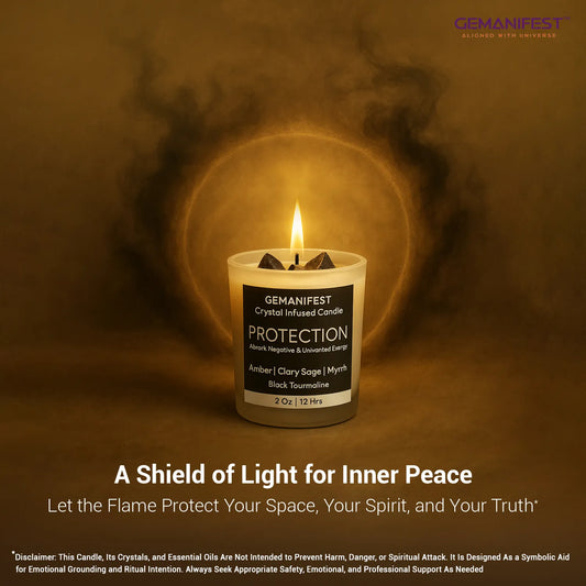 Protection crystal infused candle with packaging box and Black Tourmaline, Clear Quartz crystals.