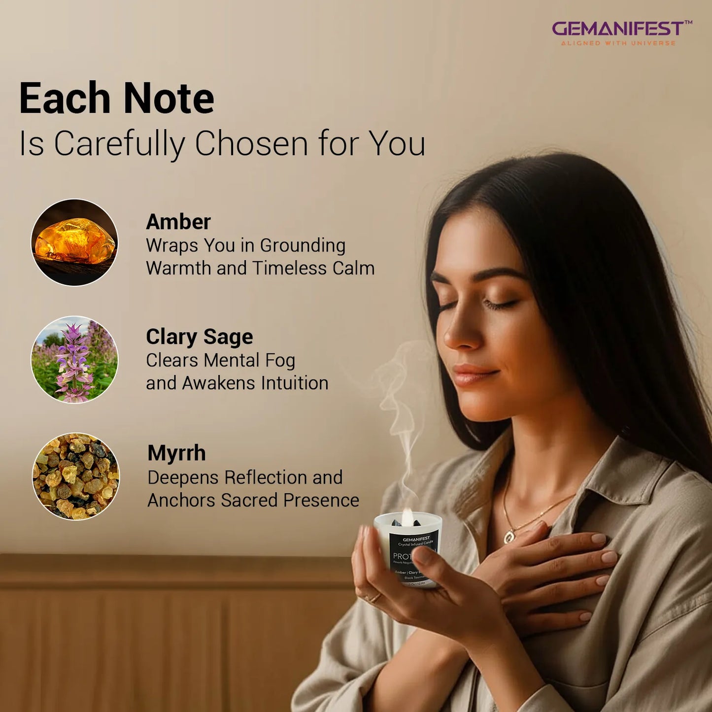Woman holding Protection candle with Amber, Clary Sage, and Myrrh notes.