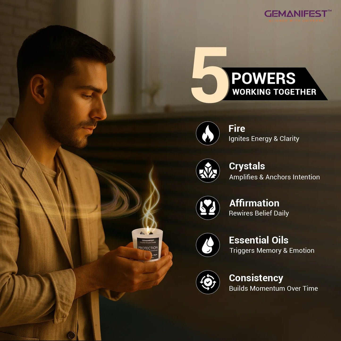 Man holding Protection crystal candle with swirling manifestation energy.