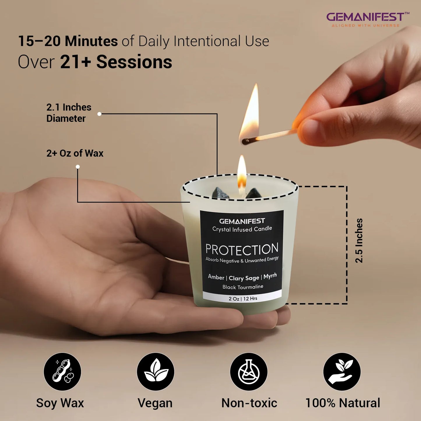 Protection crystal infused candle with dimensions, features, and daily ritual use.