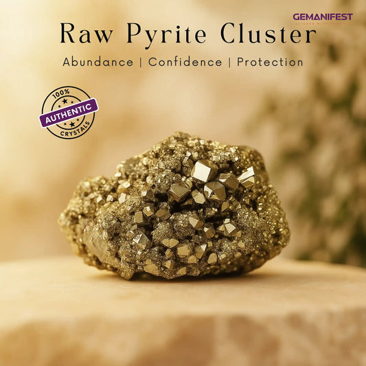 Raw pyrite cluster with benefits listed on a blurred background