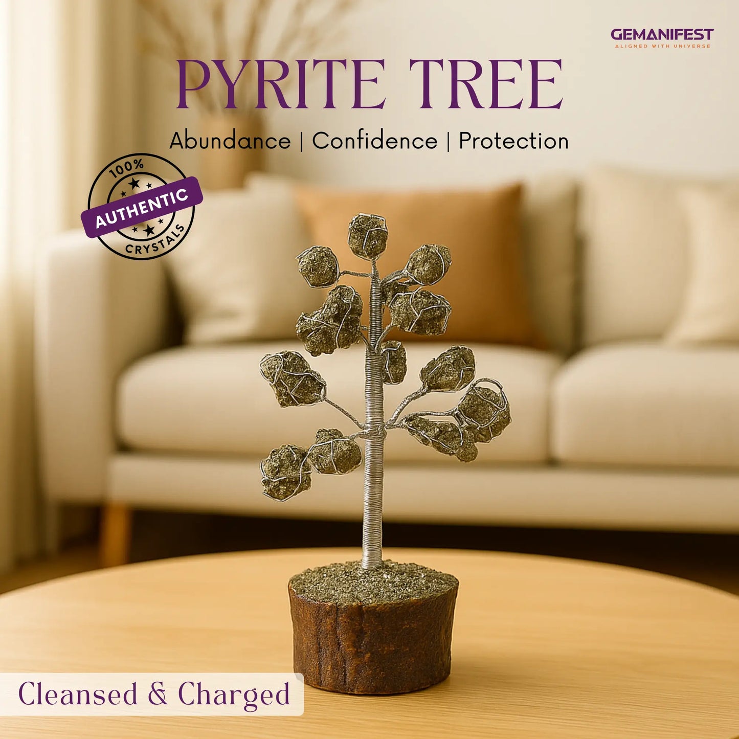 Pyrite crystal tree with 'Authentic Crystals' label on a beige background