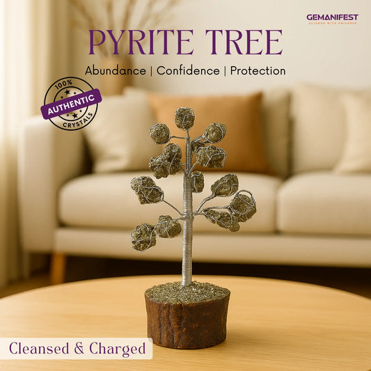 Pyrite crystal tree with 'Authentic Crystals' label on a beige background