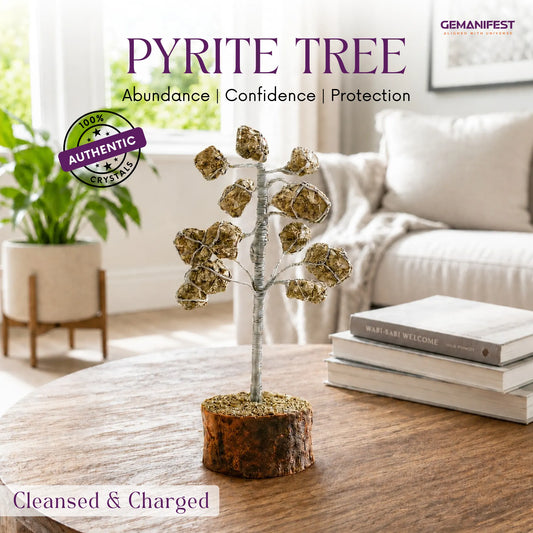 Pyrite crystal tree with 'Authentic Crystals' label on a beige background