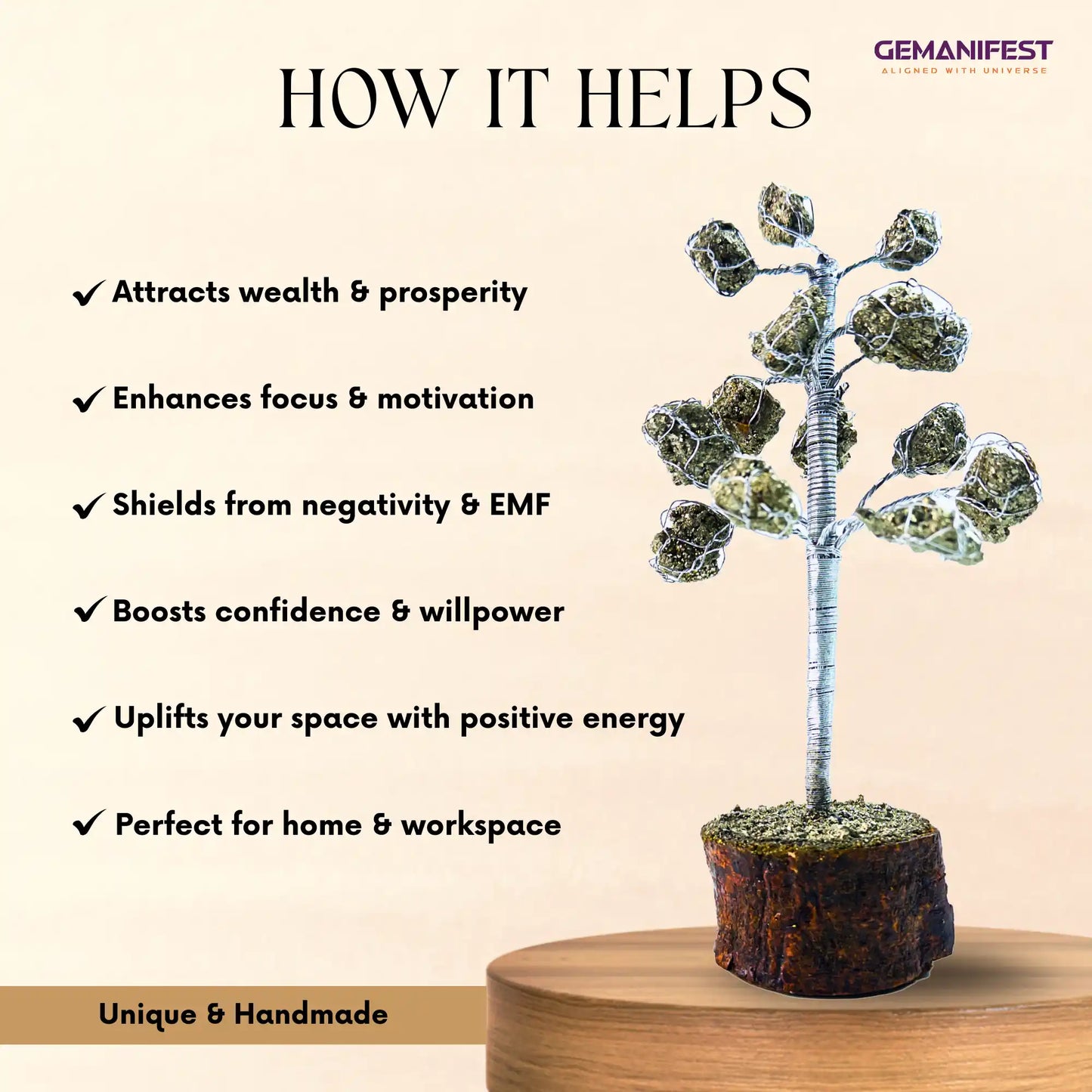 Pyrite crystal tree with benefits listed on a beige background
