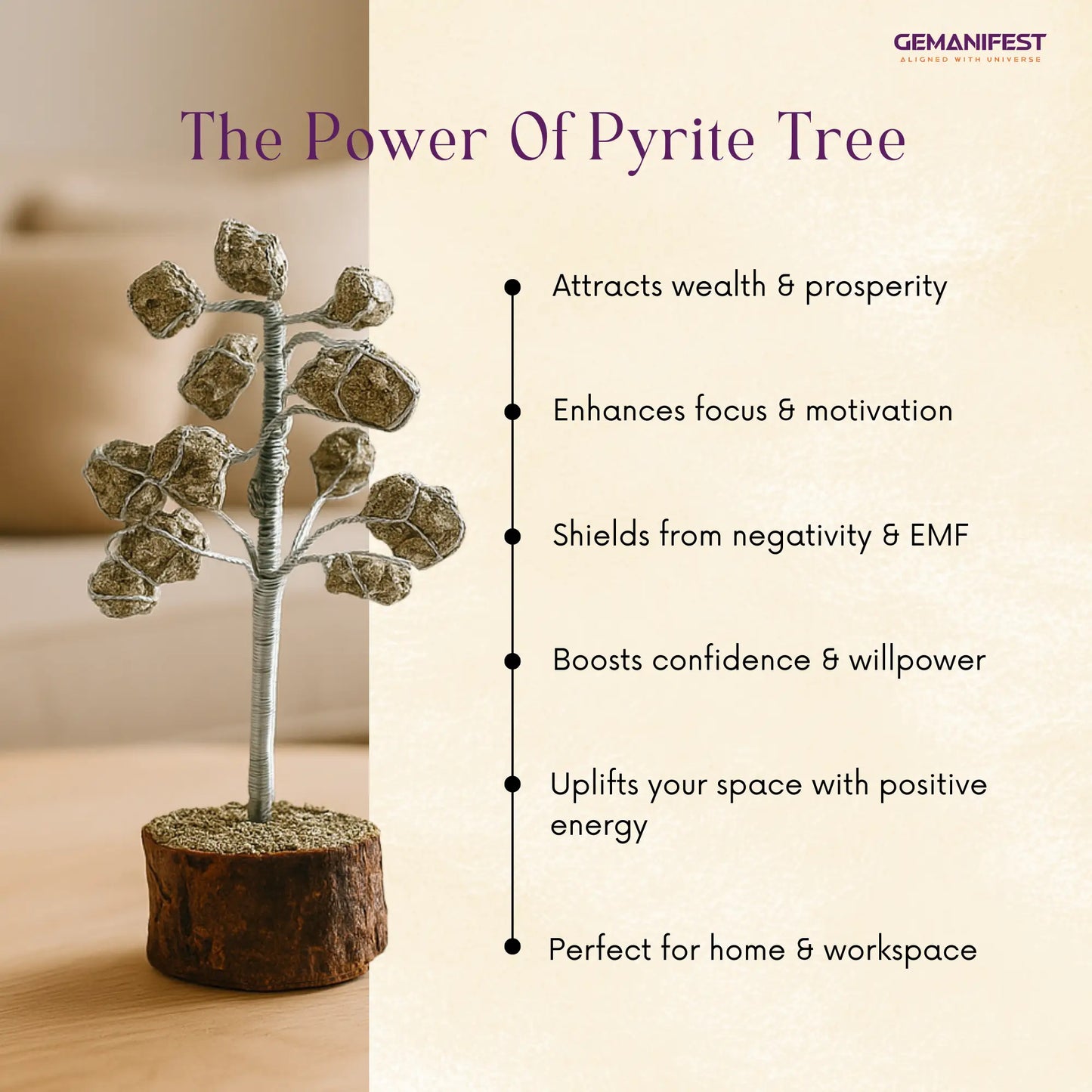 Pyrite crystal tree with benefits listed on a beige background