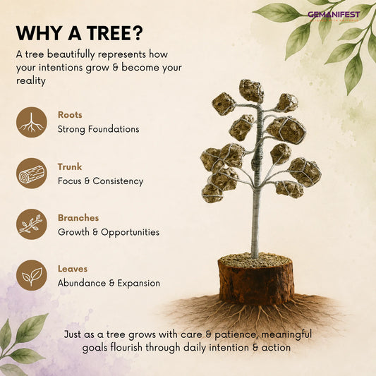 Pyrite crystal tree with 'Authentic Crystals' label on a beige background