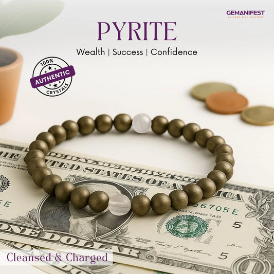 Pyrite bracelet on a dollar note with 'GEMANIFEST' branding and text about properties of pyrite bracelet