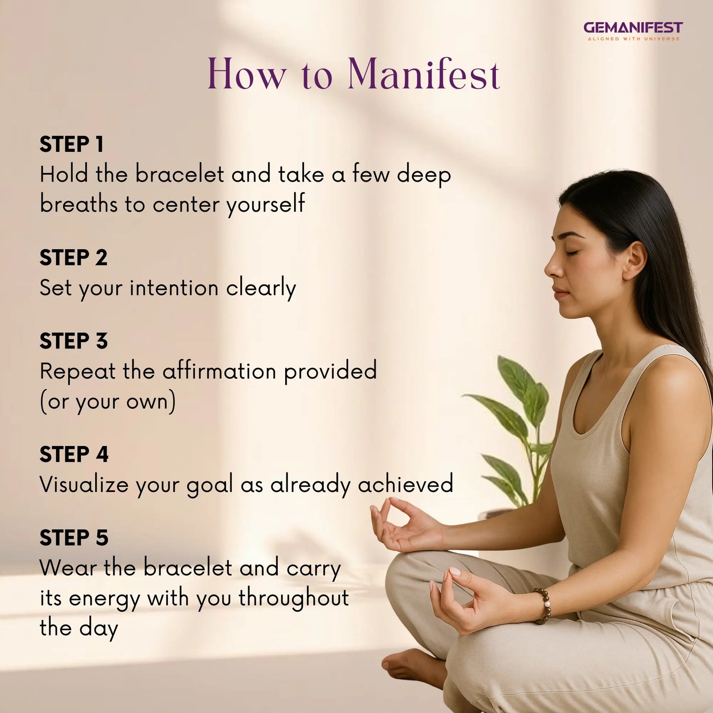 Woman meditating with steps on how to manifest with Pyrite bracelet