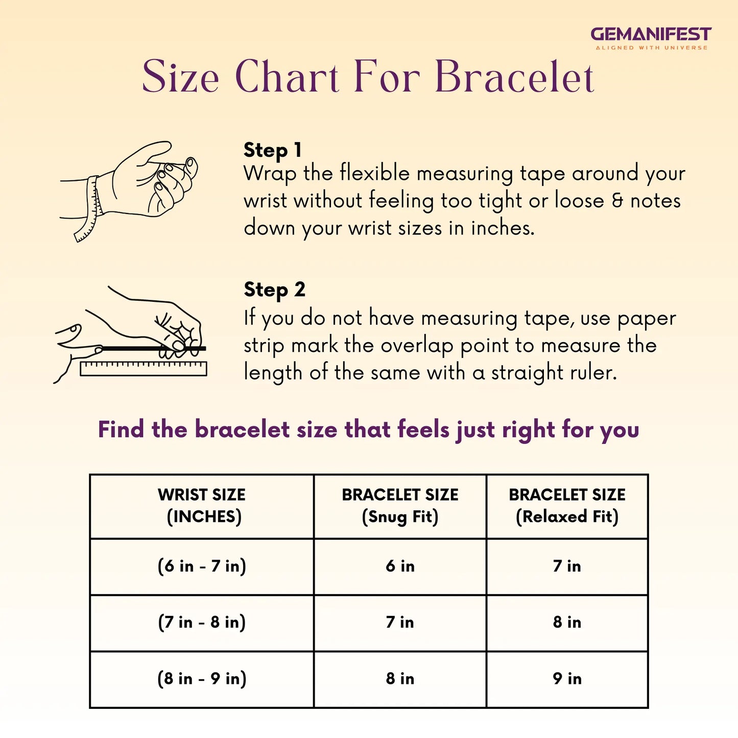 Size chart for bracelet with measurement instructions and a GEMANIFEST logo.