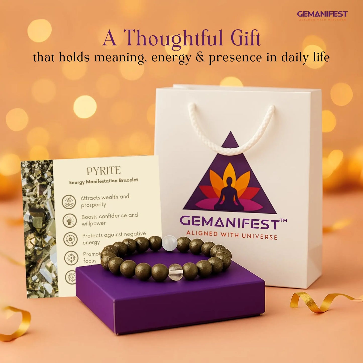 Pyrite bracelet, card and Gemanifest bag is a ready to gift packaging box