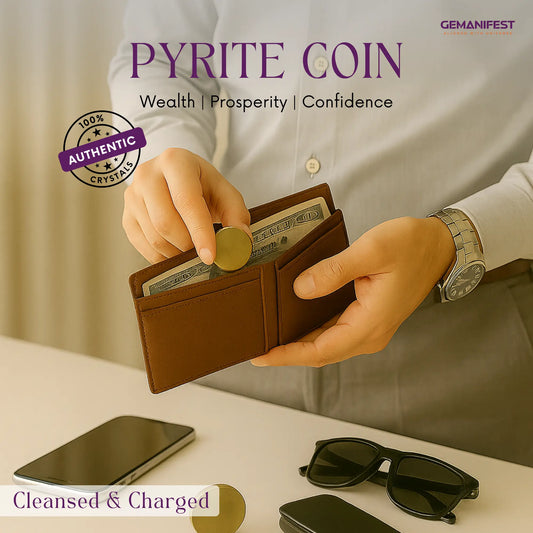 Person holding a brown wallet with Pyrite coin on a neutral background with 'Pyrite Coin' text and branding.