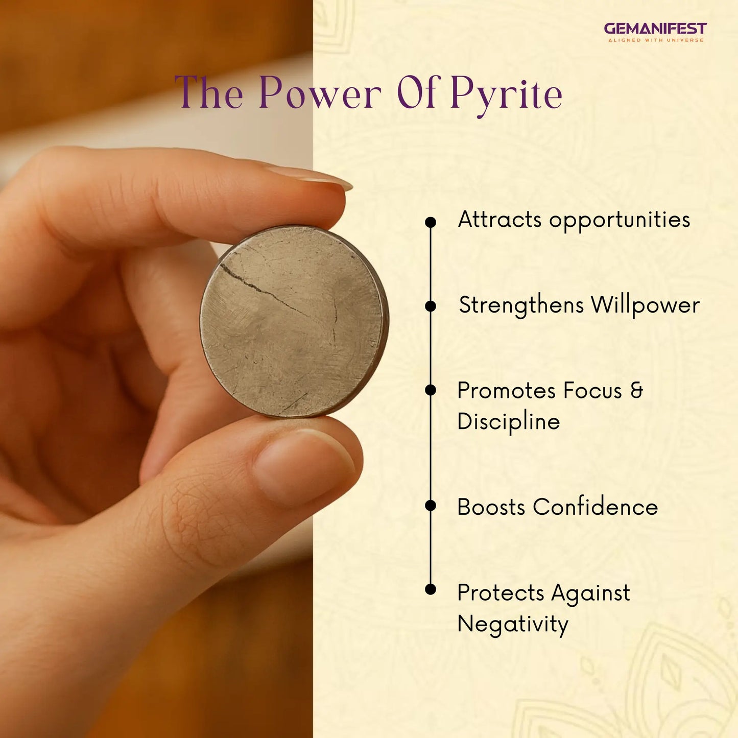 Hand holding a pyrite coin with its benefits listed on a beige background
