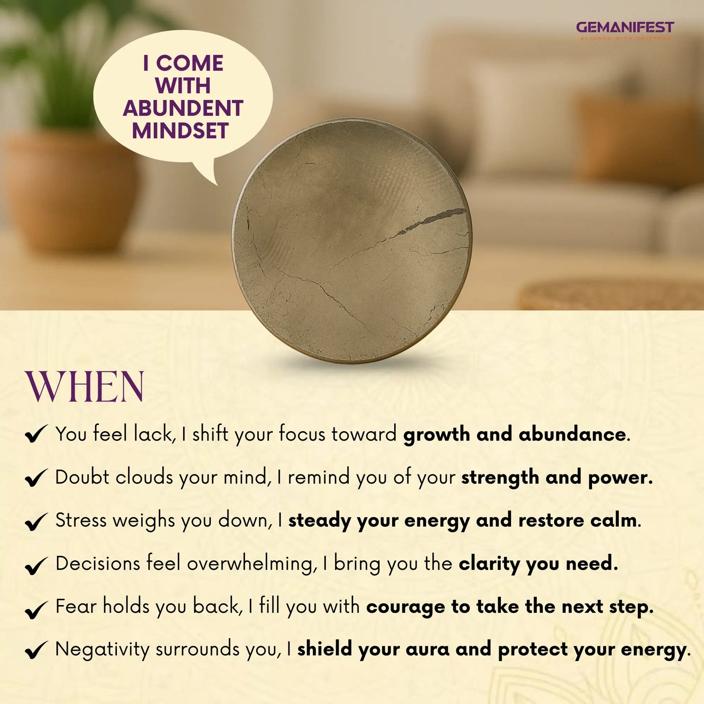 Decorative Pyrite Coin with motivational text on a blurred indoor background