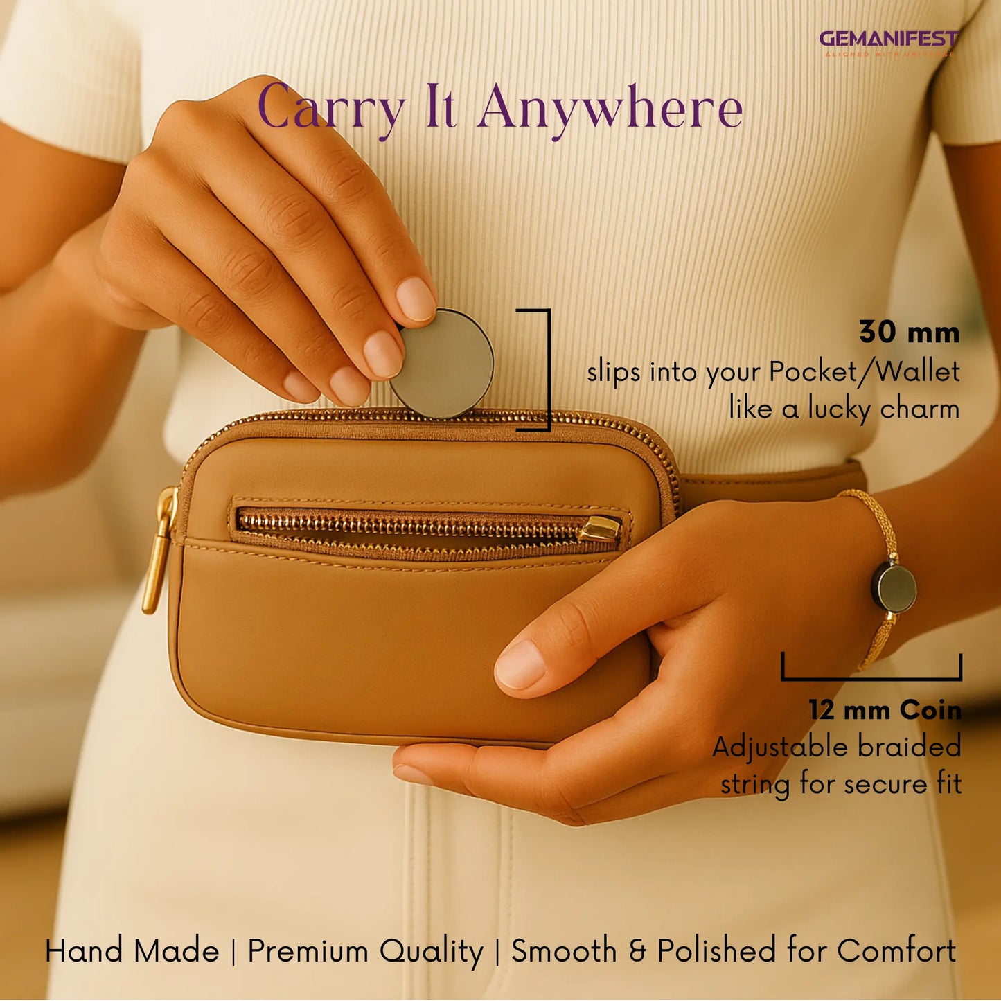 Person holding a Pyrite coin putting in a Brown bag with text highlighting features and brand name.