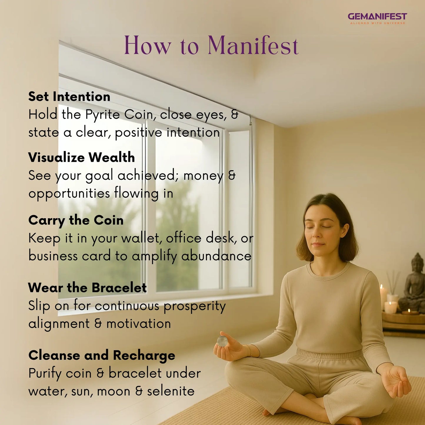 Woman meditating in a room with a window, holding a pyrite coin, and text on manifesting wealth.