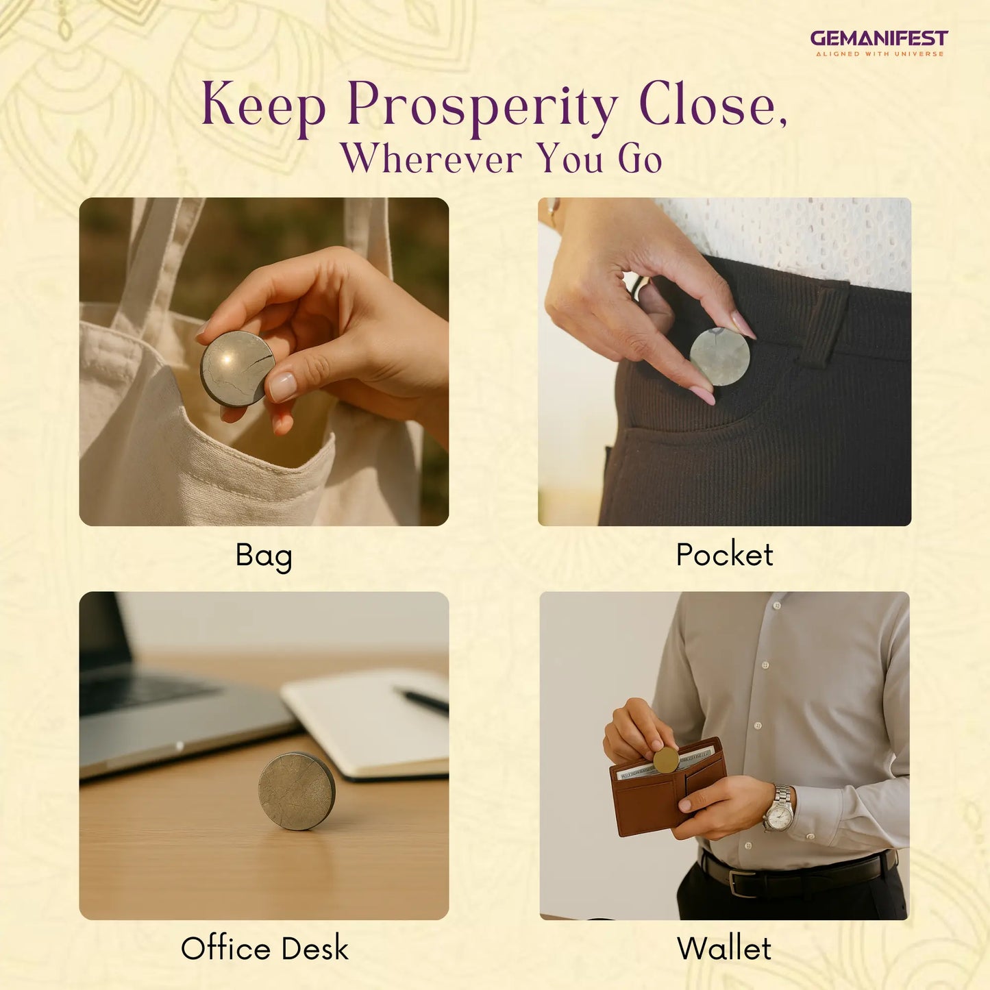 Four images showing a Pyrite coin in different locations with text 'Keep Prosperity Close, Wherever You Go'.