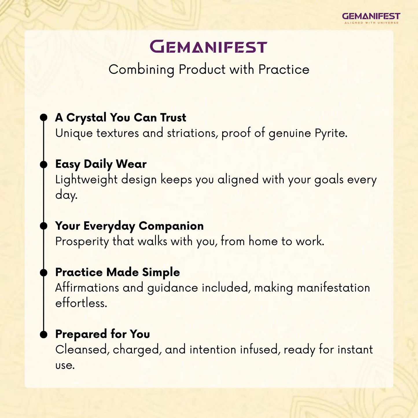 Gemanifest's Pyrite coin description card with text on a beige background
