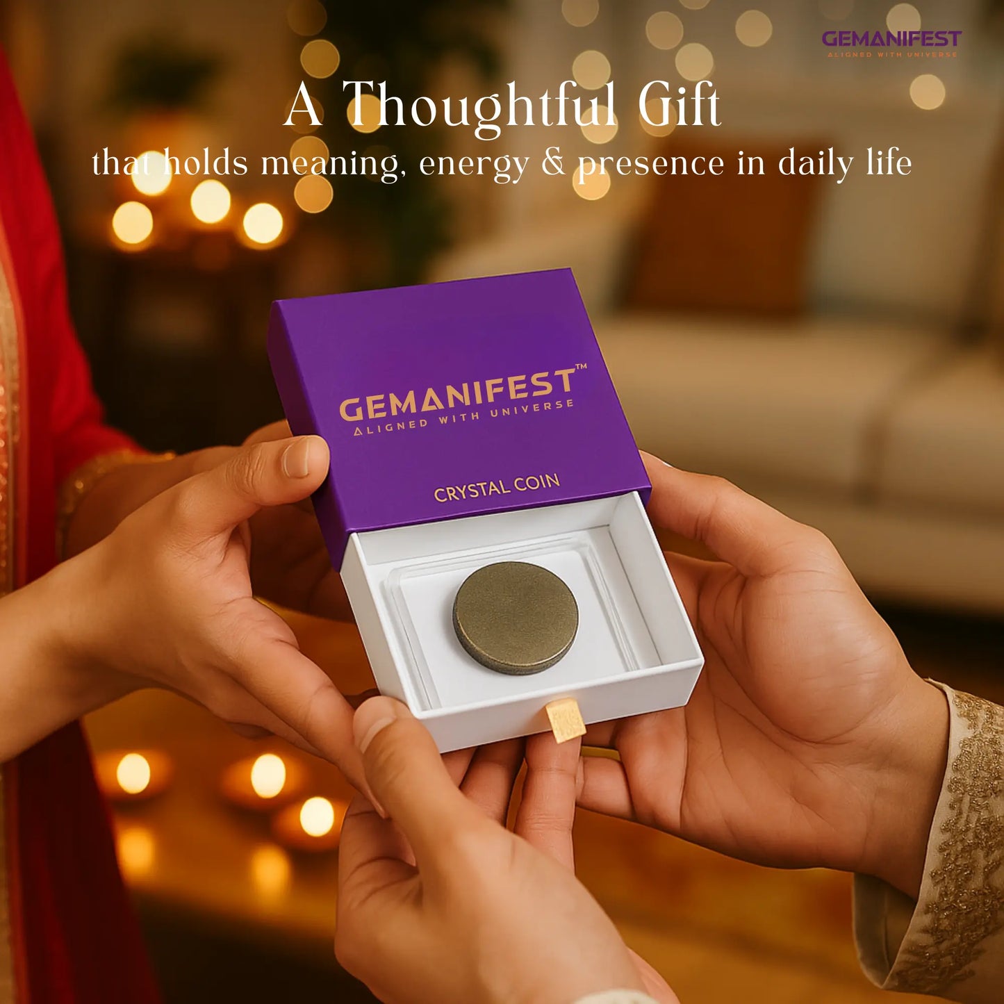 GEMANIFEST Pyrite coin in a box held by two hands with blurred lights in the background