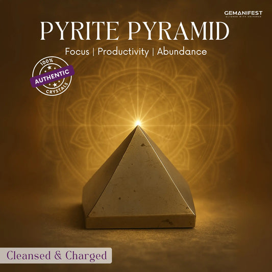 Pyrite pyramid with glowing top on a brown background, featuring the brand 'GEMANIFEST'.