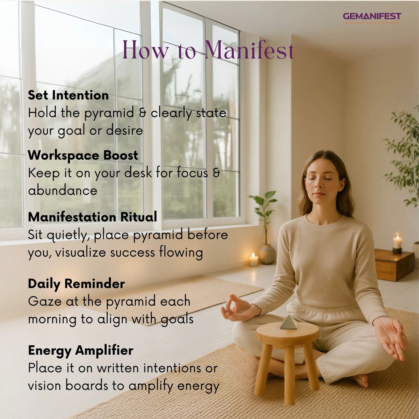 Woman meditating in a room, surrounded by text on How to Manifest with Pyrite Pyramid.