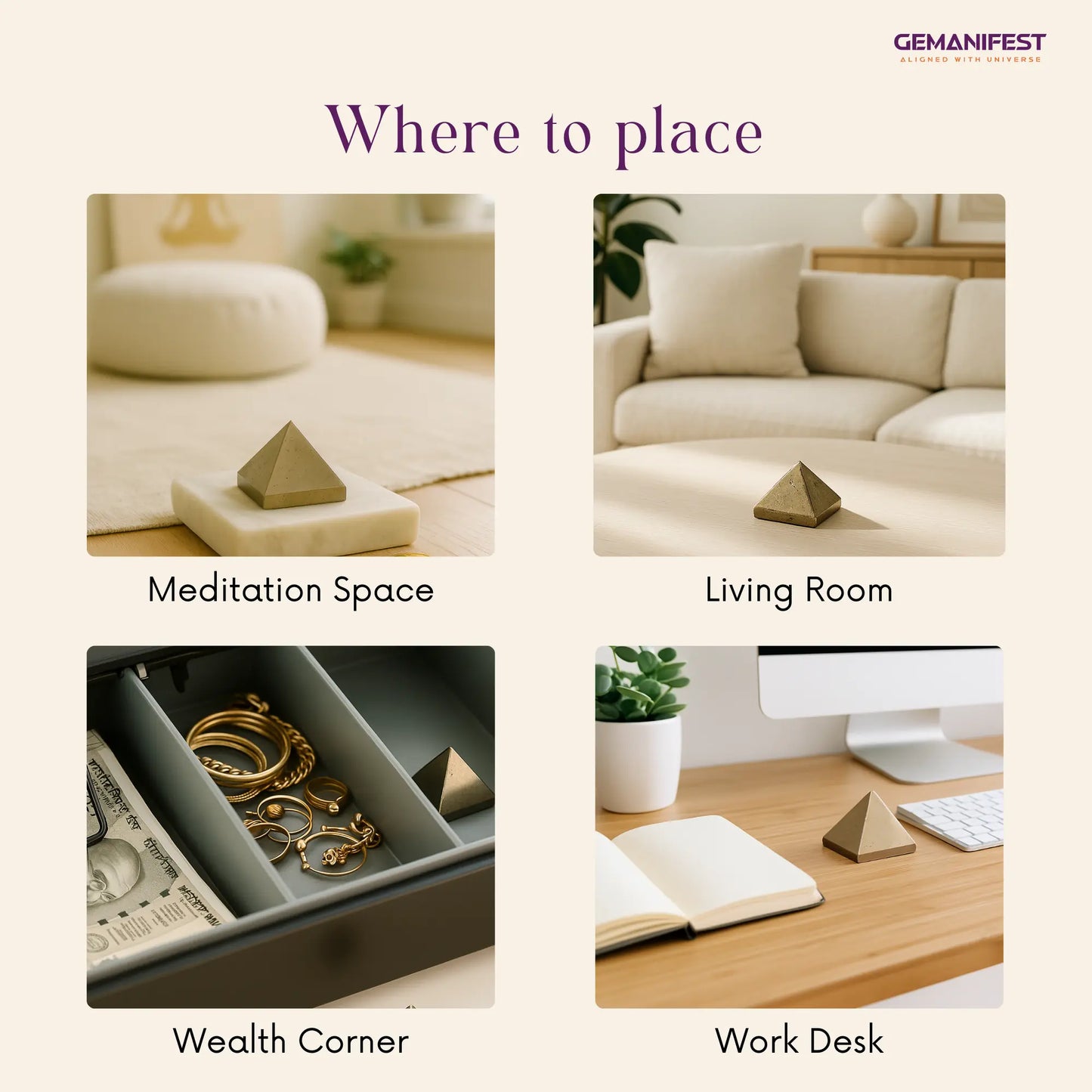 GEMANIFEST product placement guide with images of a Pyrite pyramid in different settings.