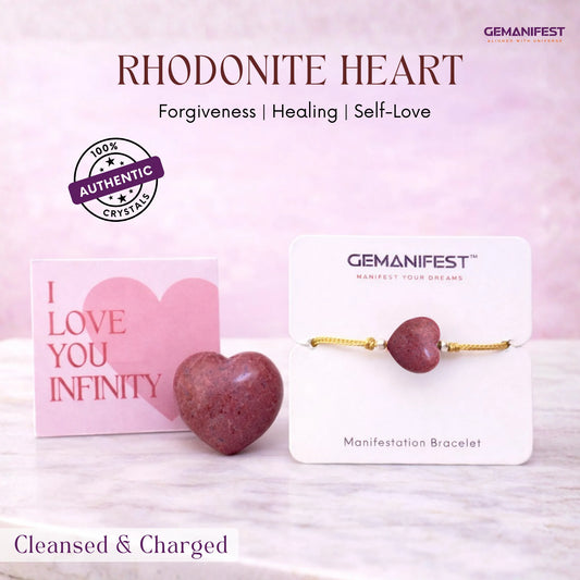 GEMANIFEST rhodonite heart and bracelet on a pink background with 'I Love You Infinity' card.