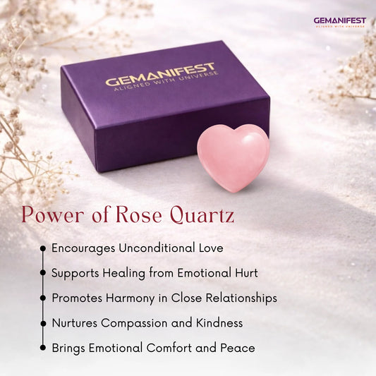 Rose quartz heart-shaped crystal and bracelet on a pink background with 'GEMANIFEST' branding.