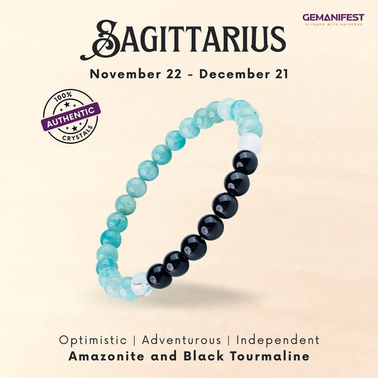Sagittarius bracelet with amazonite and black tourmaline beads on a beige background