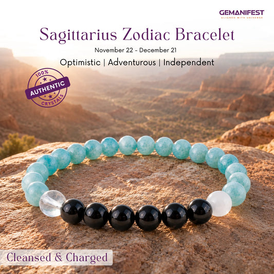 Sagittarius bracelet with amazonite and black tourmaline beads on a beige background