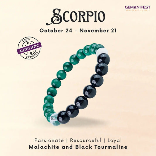 Scorpio zodiac bracelet with malachite and black tourmaline beads on a beige background