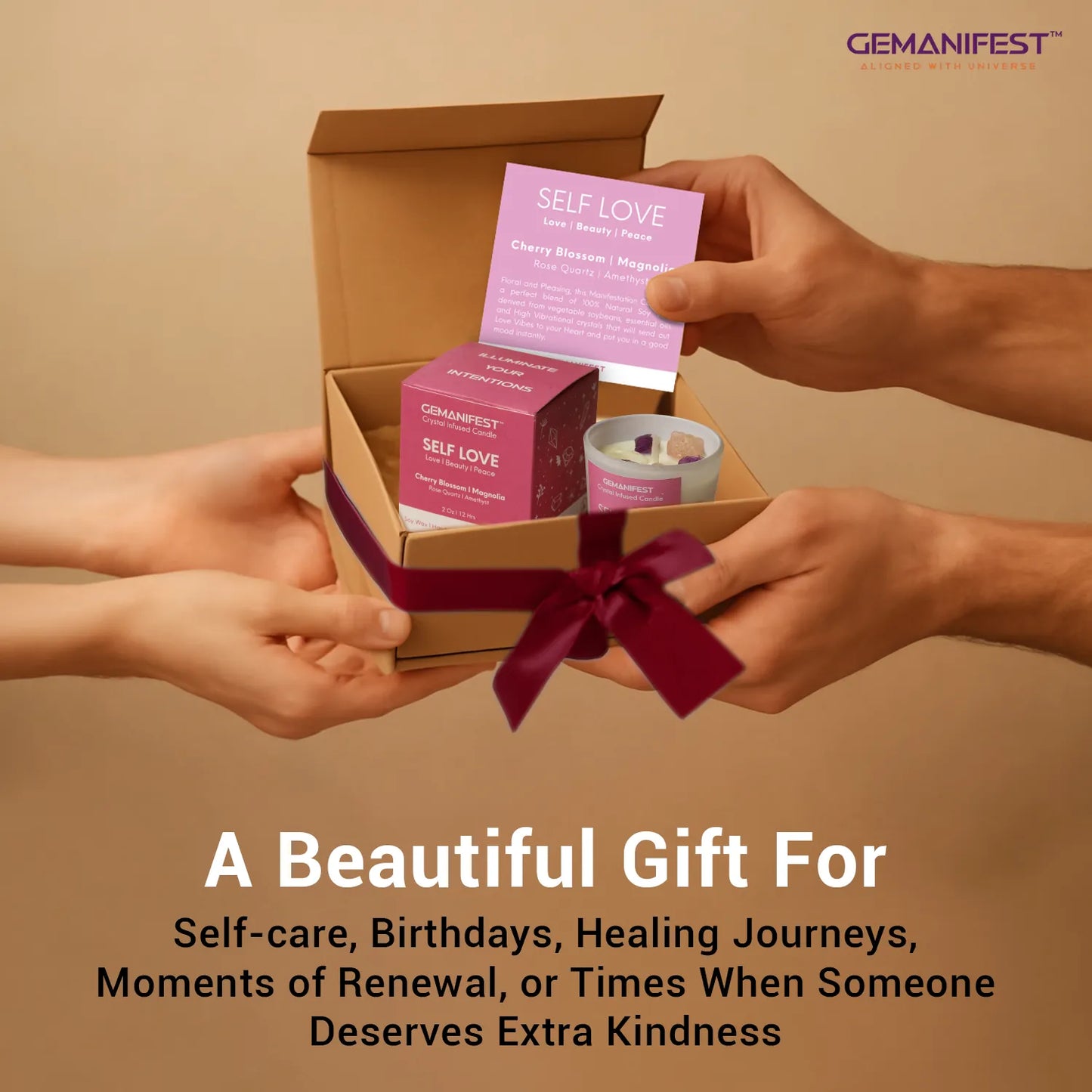 Self Love manifestation candle gift box with affirmation card being exchanged.