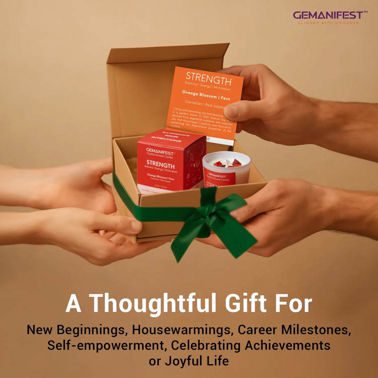 Strength manifestation candle gift box with affirmation card.