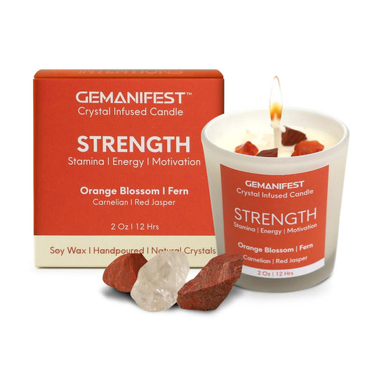 Strength crystal candle with
packaging box and natural crystals.