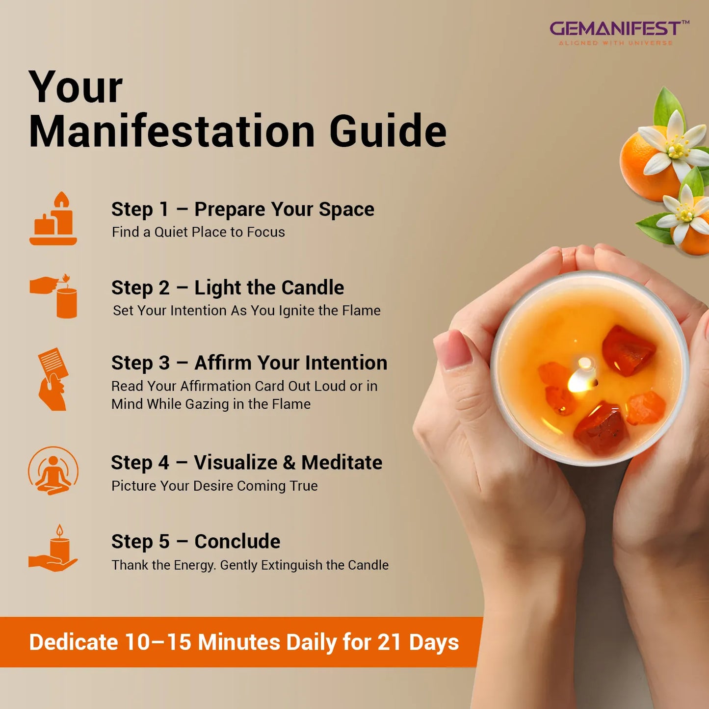 Step-by-step manifestation guide using Strength crystal candle.