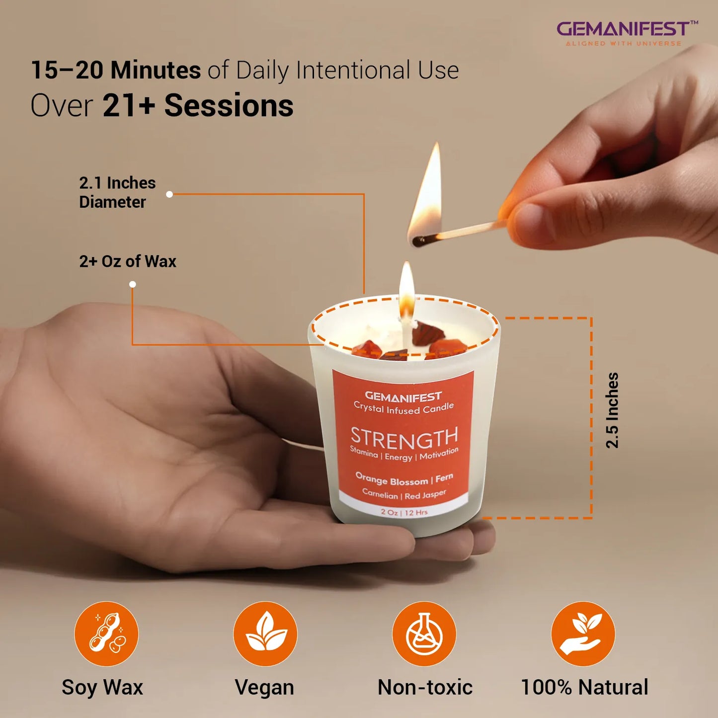 Strength crystal infused candle with size, features, and daily use.