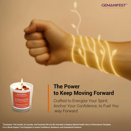 Strength crystal candle with
packaging box and natural crystals.