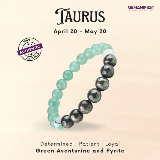 Green Aventurine and Pyrite beaded bracelet with 'GEMANIFEST' branding on a beige background