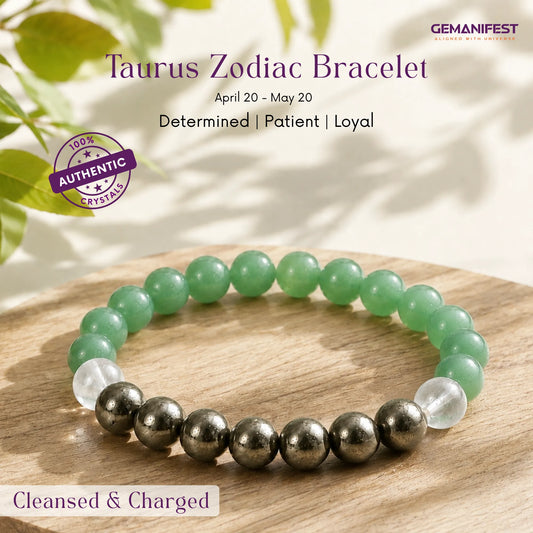 Green Aventurine and Pyrite beaded bracelet with 'GEMANIFEST' branding on a beige background